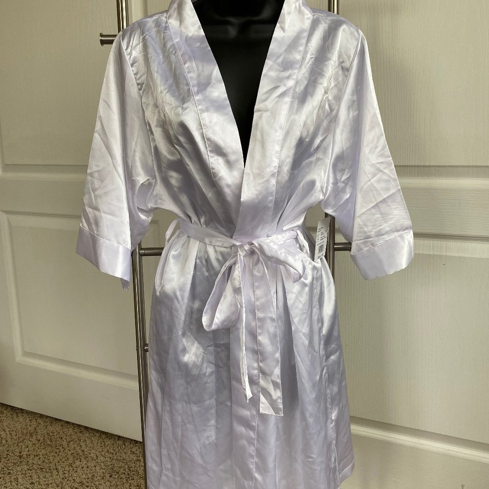 David's Bridal satin white robe with rhinestone "Bride" on back